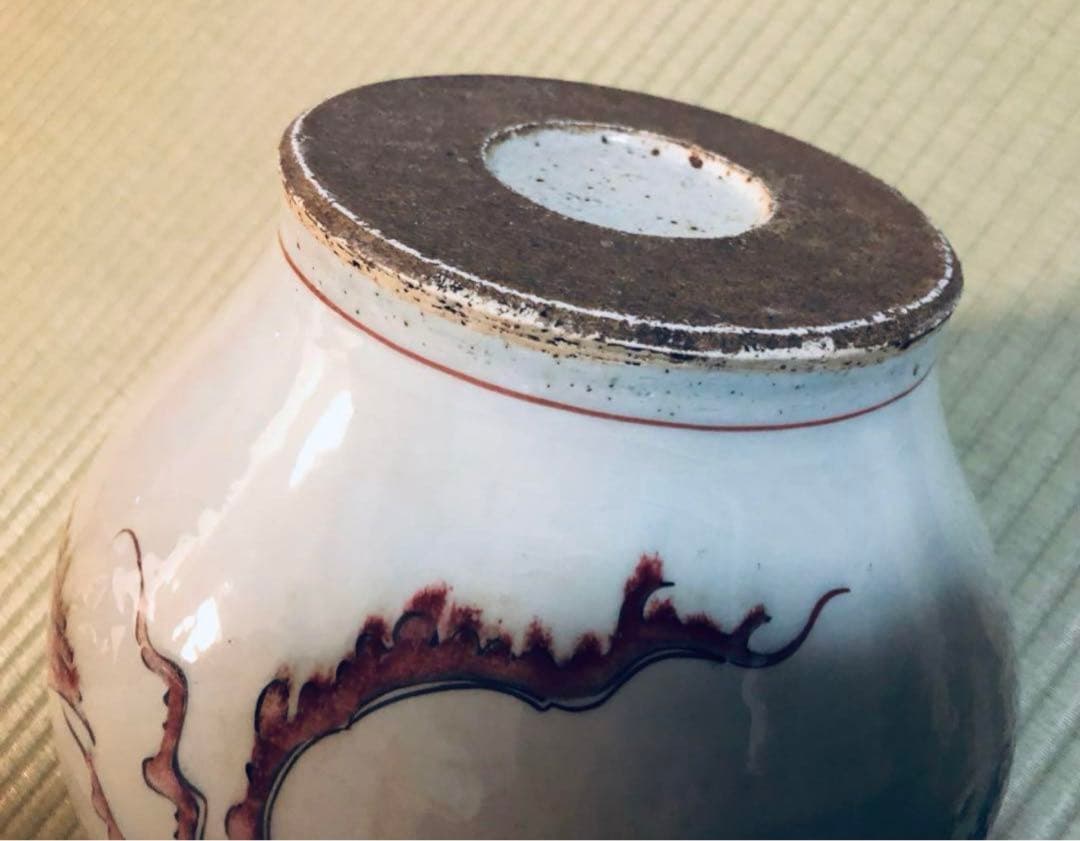 中国骨董　元白磁　辰砂　鳳凰紋　玉璧足　壺