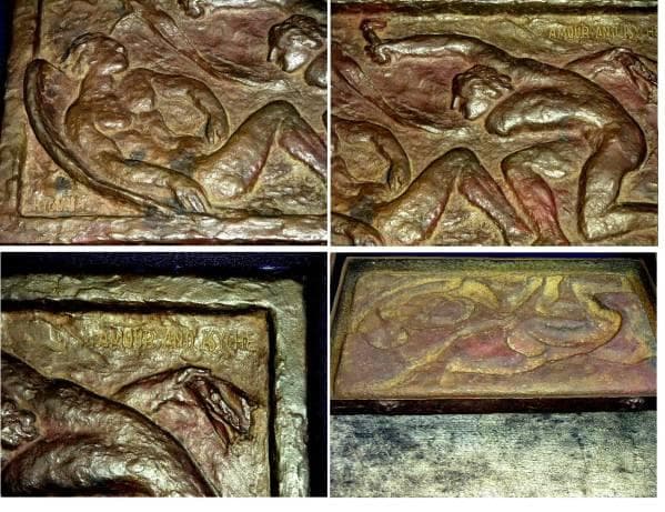 ♥毛利教武 　ブロンズ 　愛神と美女　骨董品　銅板作品