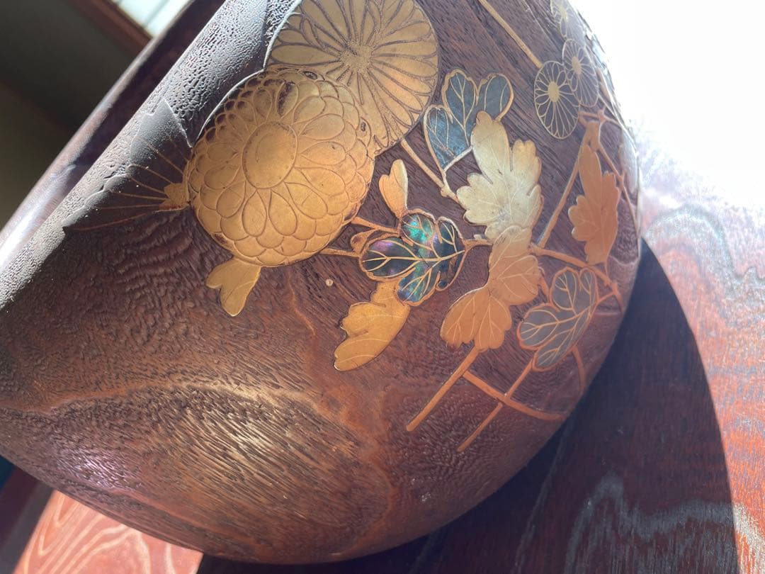 美品　時代　桐火鉢　秋草蒔絵 火鉢　螺鈿入り　茶道具　骨董品　木製火鉢　100年