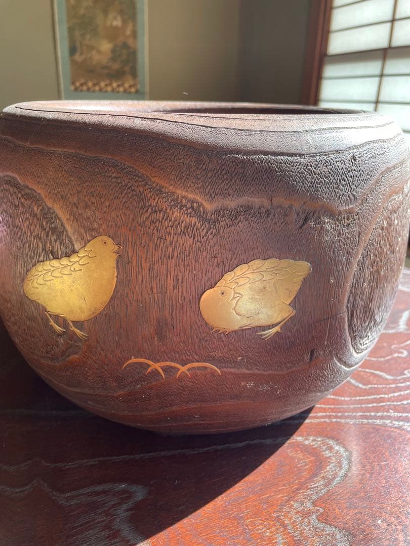 美品　時代　桐火鉢　秋草蒔絵 火鉢　螺鈿入り　茶道具　骨董品　木製火鉢　100年