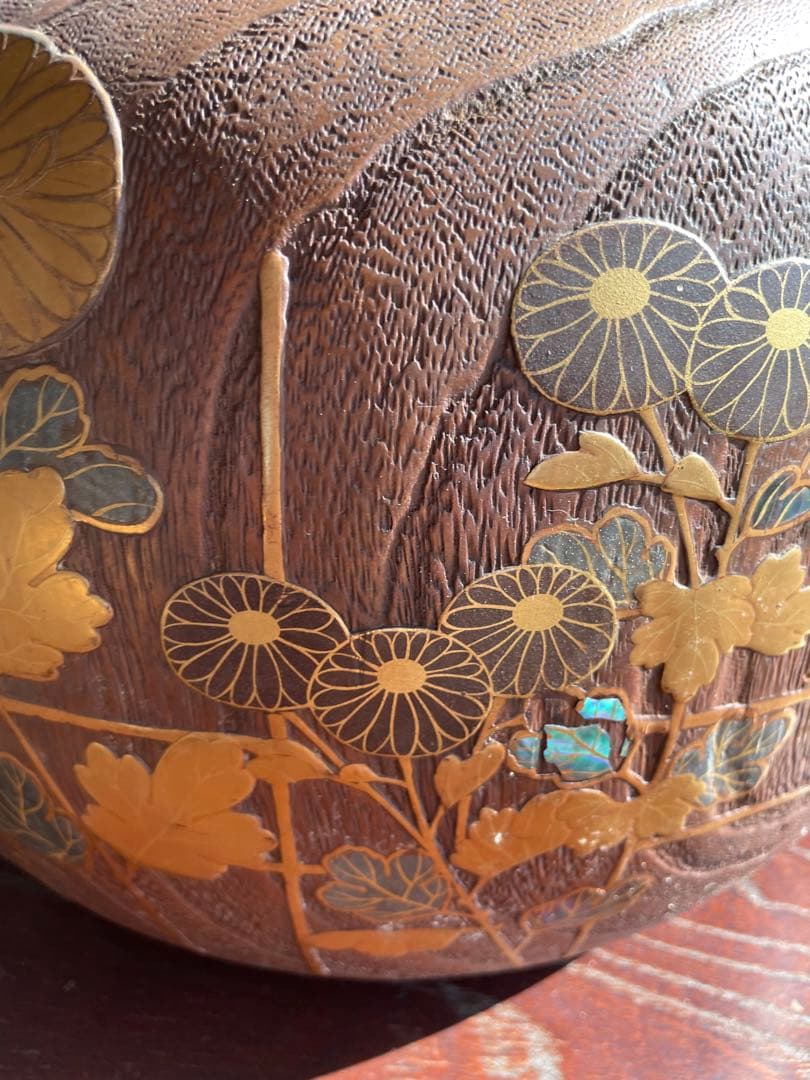 美品　時代　桐火鉢　秋草蒔絵 火鉢　螺鈿入り　茶道具　骨董品　木製火鉢　100年