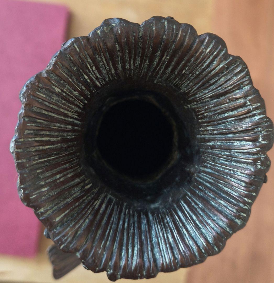 金属製鳥と花の装飾花瓶　金工家　二上常太郎