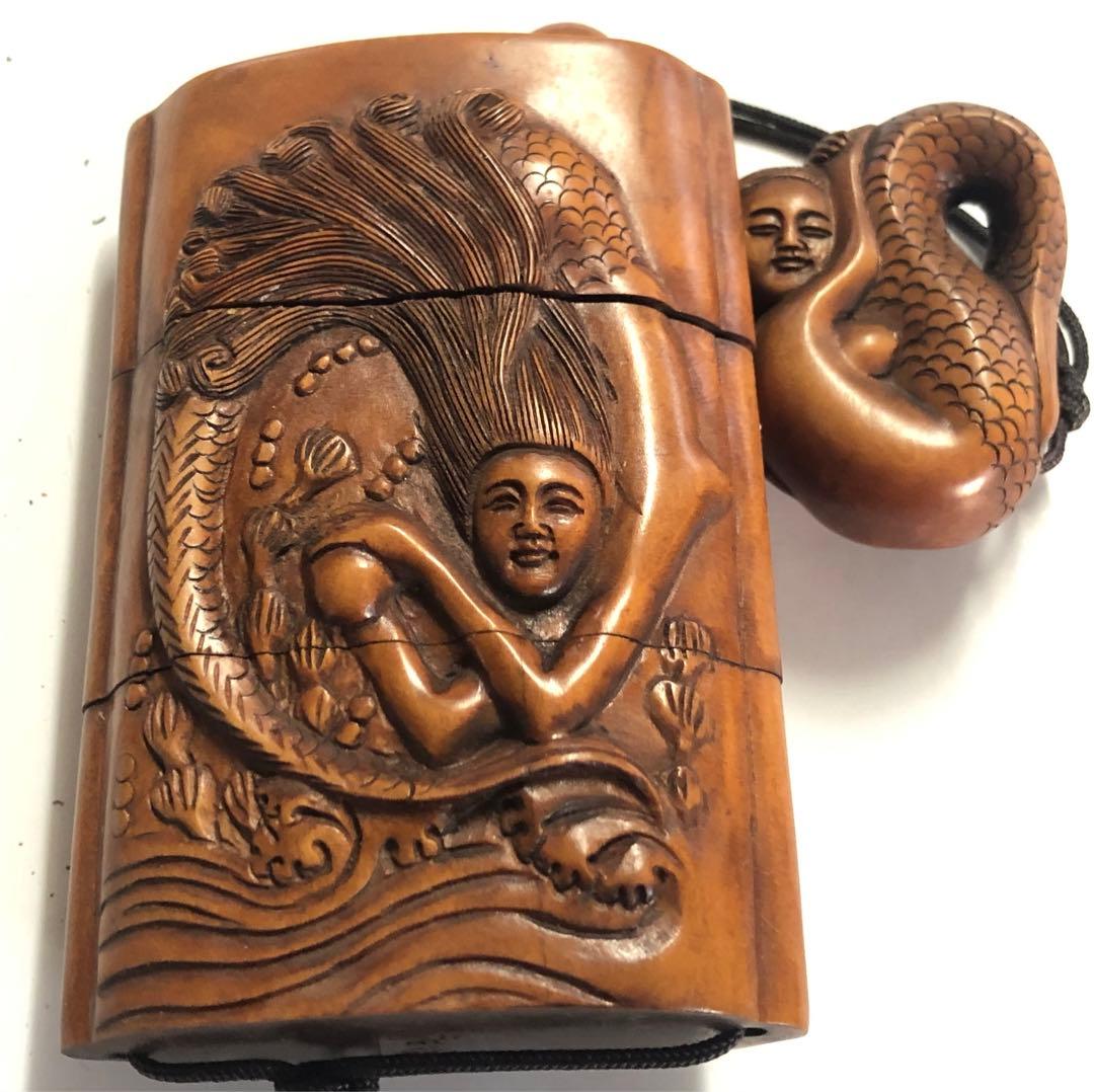 根付印籠魚女の図手作りアンティークオブジェインテリア現品無料発送