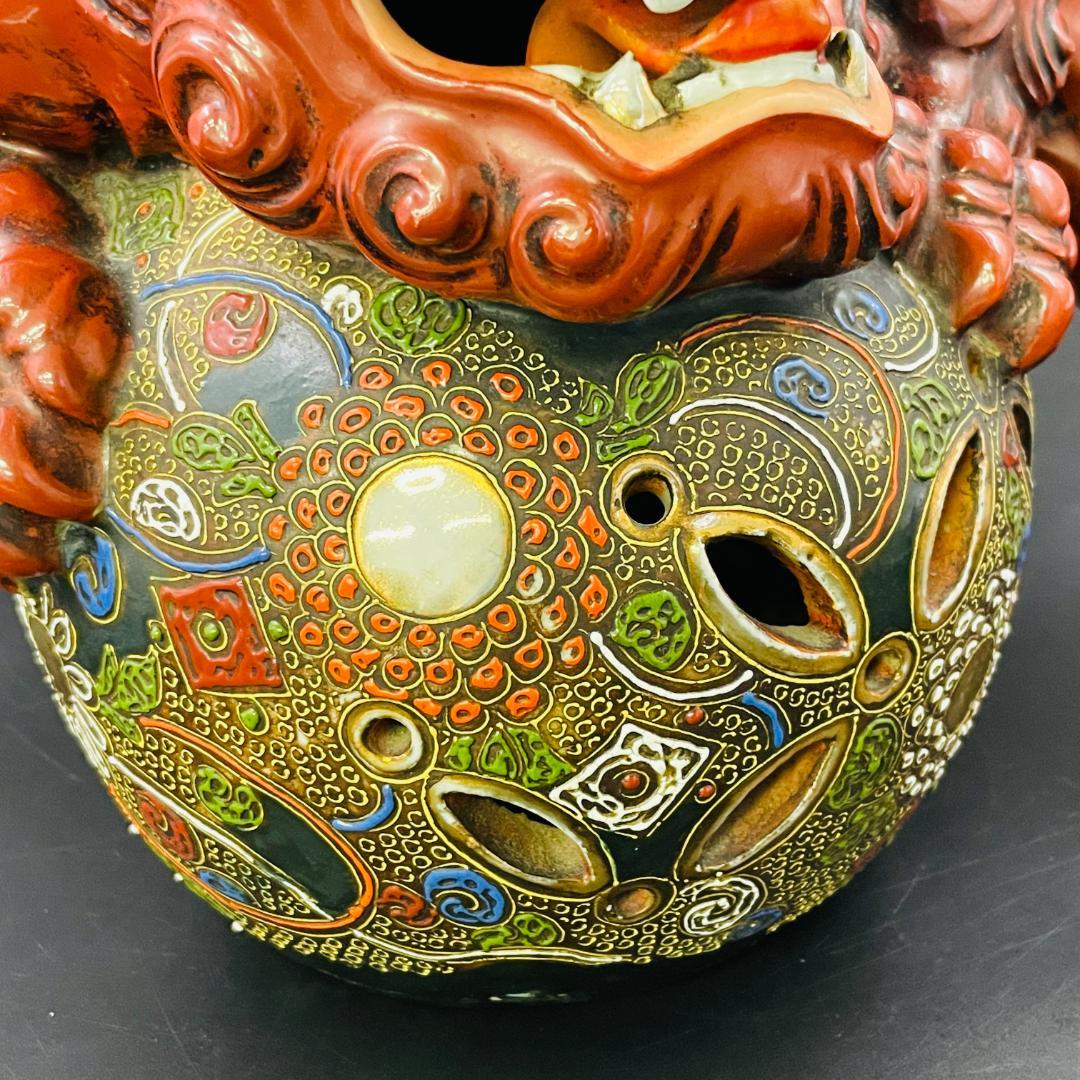 旧家蔵出し 九谷焼 玉乗り獅子 赤獅子 シーサー 狛犬 置物 魔除け 28cm