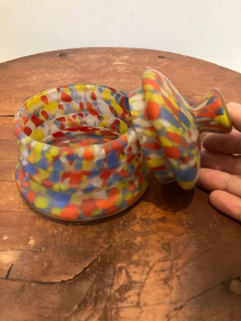 魅惑のマーブル模様の蓋物練りガラス器◇レトロガラス◇アンティークガラス◇古ガラス