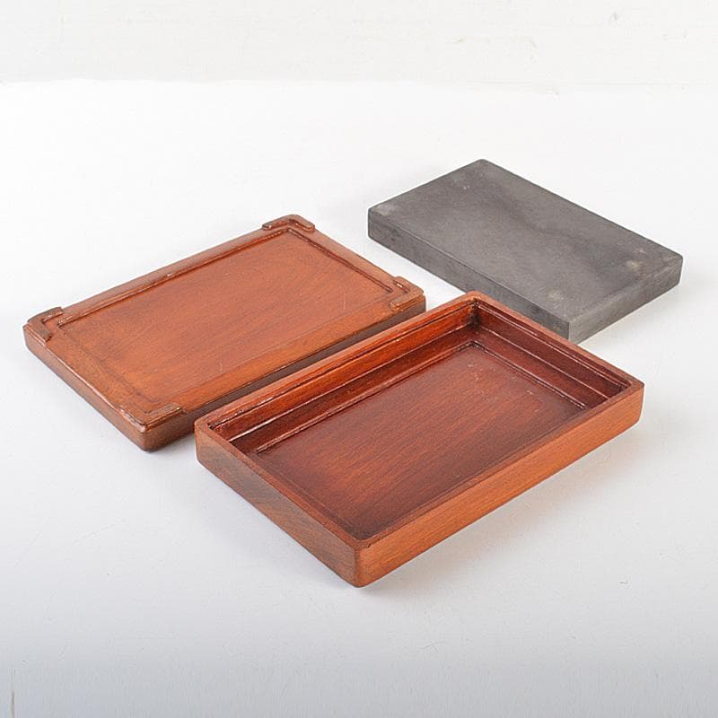 中国　書道具　梅鳥刻　端渓硯　唐木箱付　V　6634