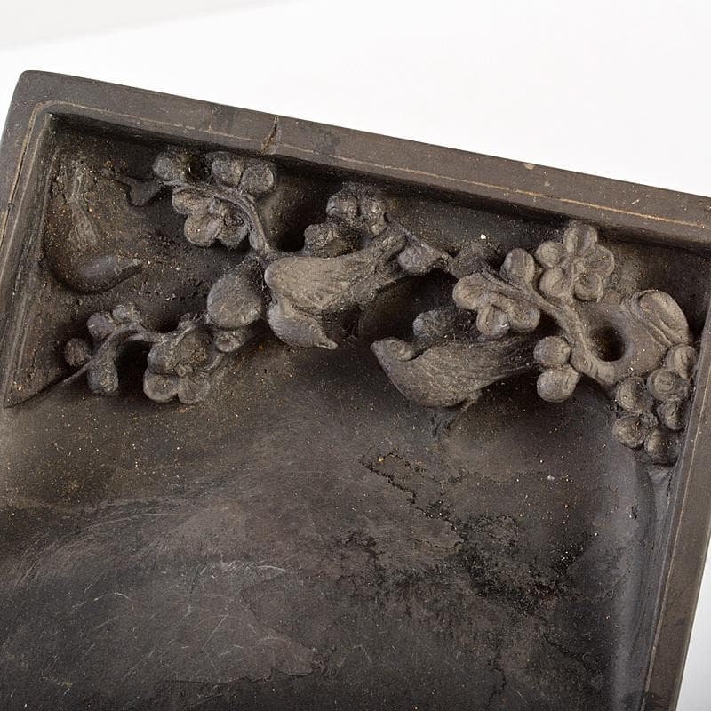 中国　書道具　梅鳥刻　端渓硯　唐木箱付　V　6634