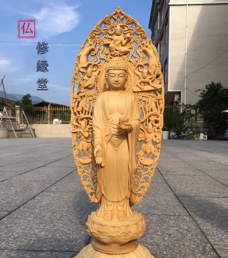 【修縁堂】古美術品 木工細工 西方三聖 仏像立像 置物 木彫 仏像