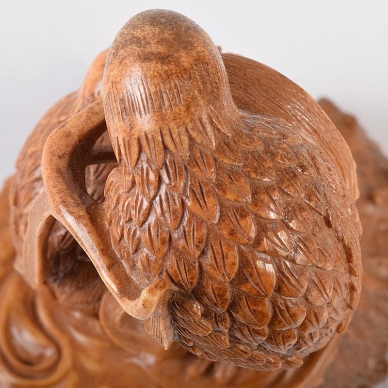 中国　鹿角細密雕　夫婦鶉　置物　箱付　7994E