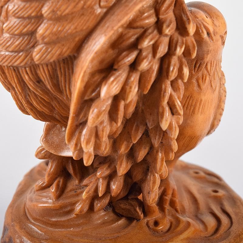 中国　鹿角細密雕　夫婦鶉　置物　箱付　7994E