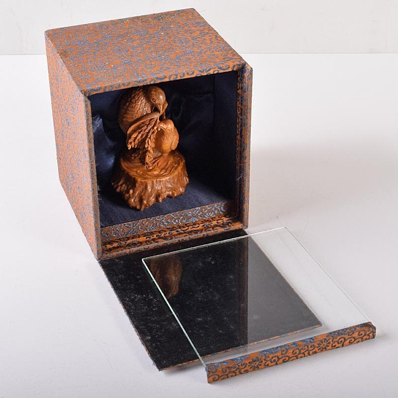 中国　鹿角細密雕　夫婦鶉　置物　箱付　7994E