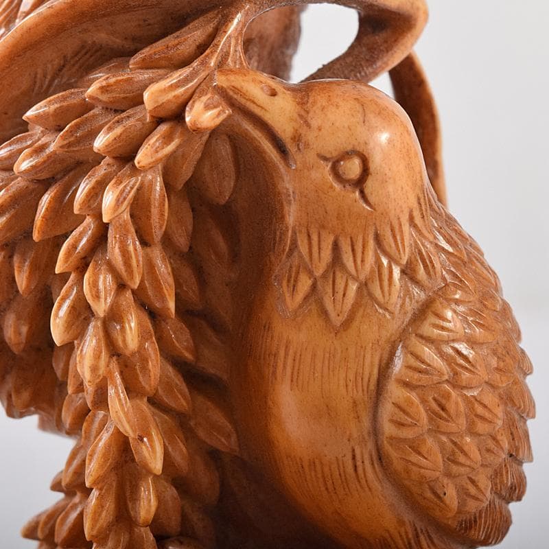 中国　鹿角細密雕　夫婦鶉　置物　箱付　7994E