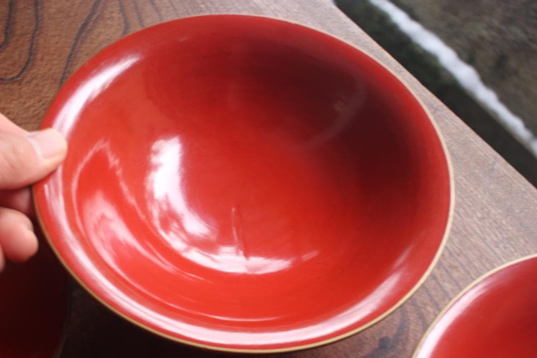 傷あり！時代金縁朱漆に優美な松鶴亀沈金の映える大椀2点（検輪島塗沈金椀雑煮椀