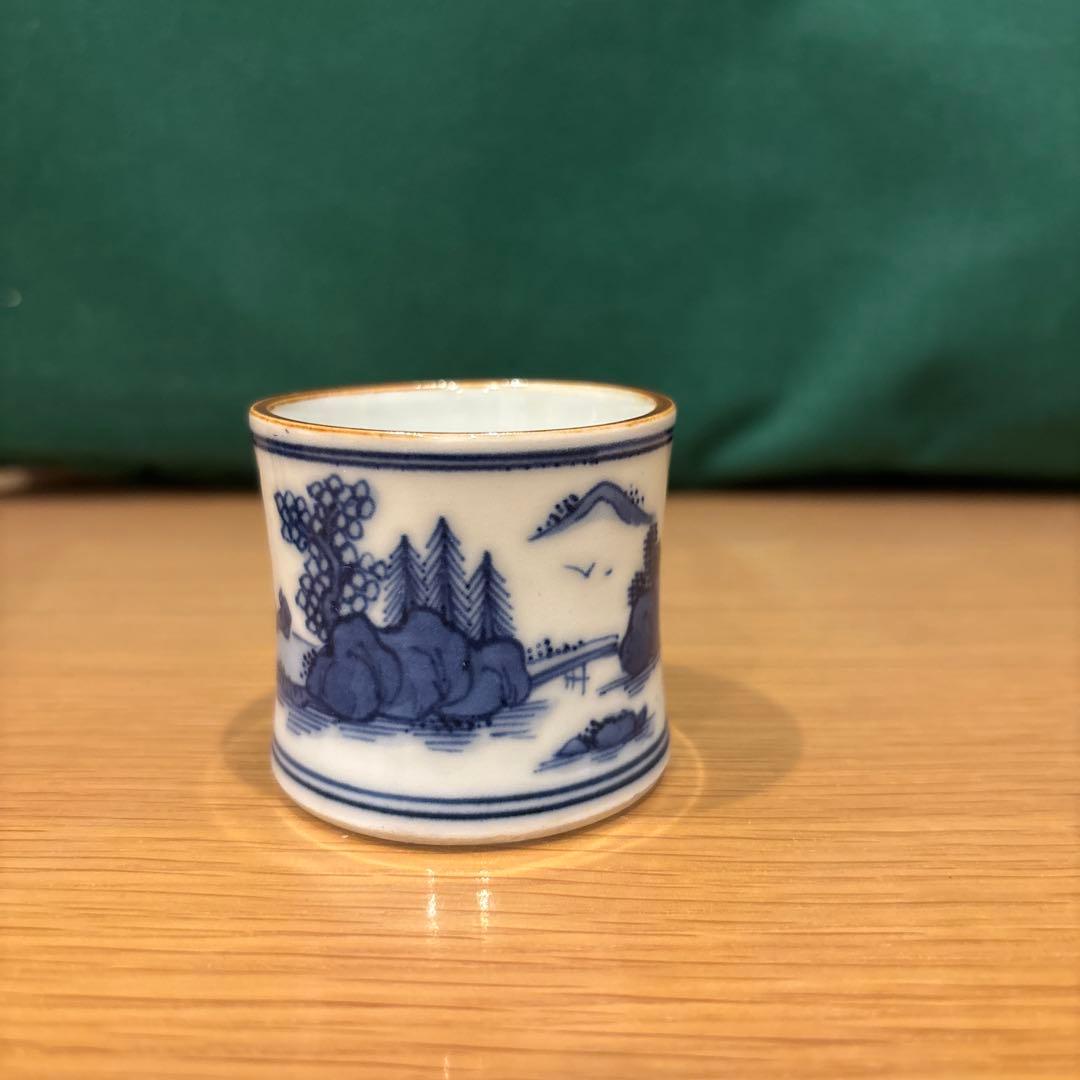 茶道具　蓋置　青い風景画の陶器製