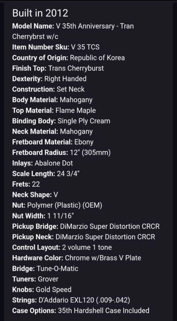 Dean V 35 35th Cherry Vシェイプ ケース付きエレキギター