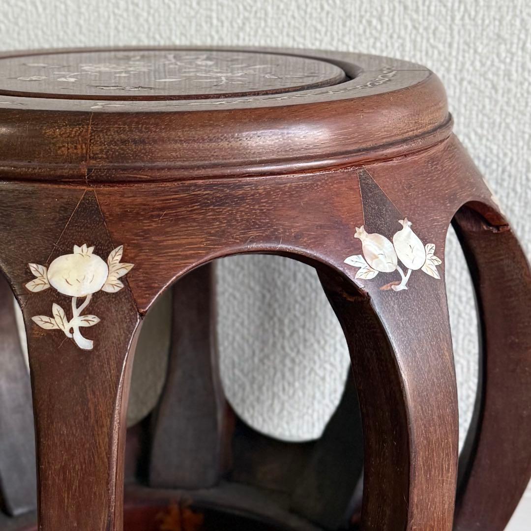 SNT1339 花梨 無垢 螺鈿細工 花鳥文 スツール　椅子 飾り台　中国美術