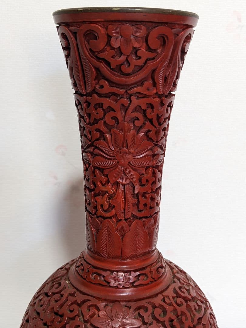 ♦中国古玩 古美術品 堆朱彫漆天球瓶 漆芸 花器飾り 置物 血赤色骨董品レア物