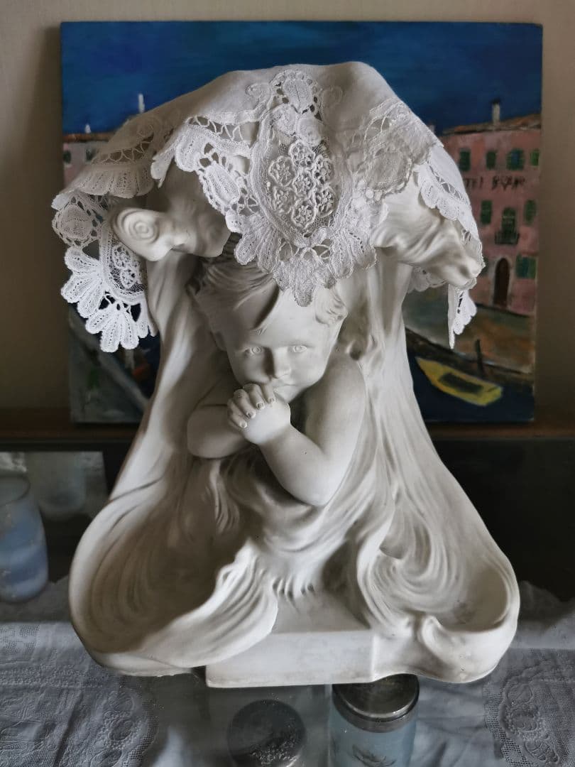 ブリュッセルレース＆アンティークフランス 大型素焼きビスク彫像塑像 少年の祈り