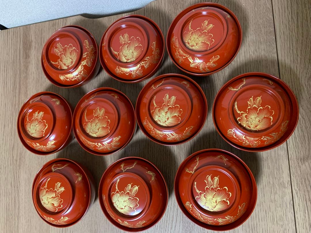 最終価格28日迄　輪島塗　沈金蒔絵木製吸物椀10客　時代物　牡丹と蝶々　未使用品