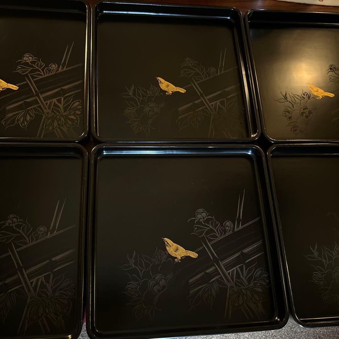 本堅地請合　漆　沈金　お盆×5