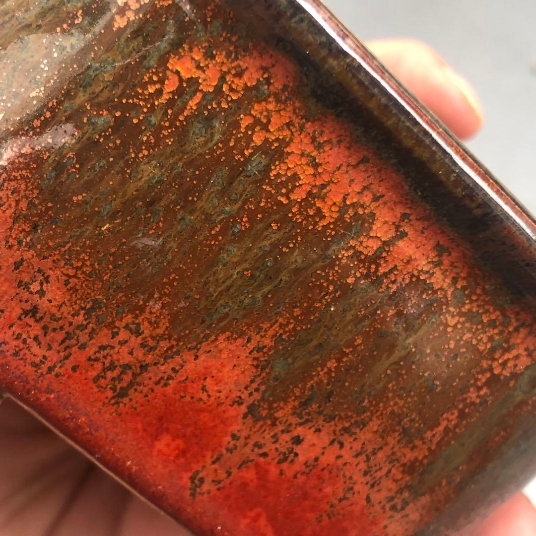 380.林盆華 赤鉄釉撫角長方 11.3*9.2*6cm 盆栽鉢 植木鉢