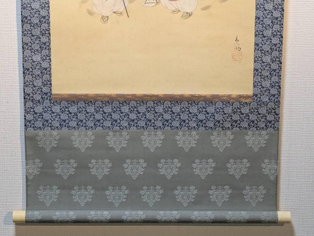 【真作】掛軸　旅路の母子　柔和な筆致の日本画　情緒あふれる人物画　R81