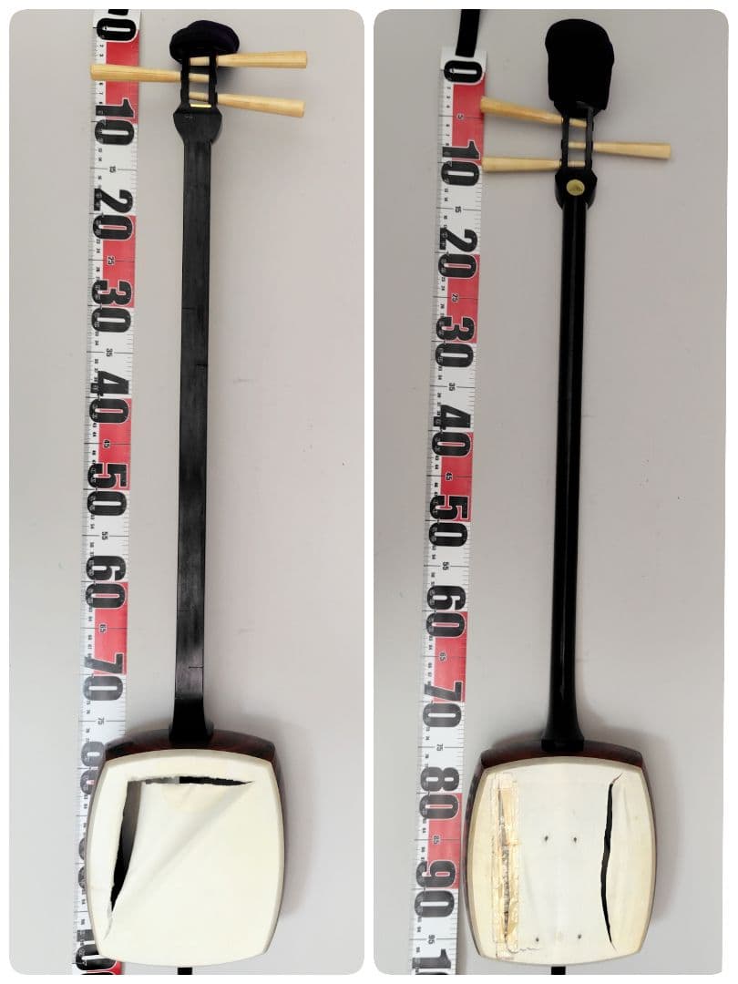 C059 【中古】三味線（子持ち綾杉／金細／二本溝）ケース・付属あり／修理前提