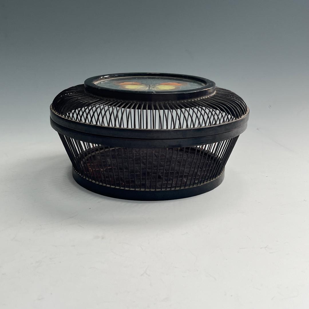 希少 蝶 駿河竹千筋細工 菓子器 明治時代 0.6㍉極小ひご竹細工家蒐集S62