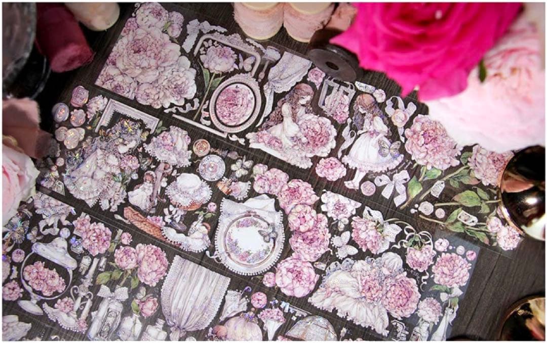 【KN058】海外PET貝殻光マスキングテープ　マステ切り売り　芍药季　お花