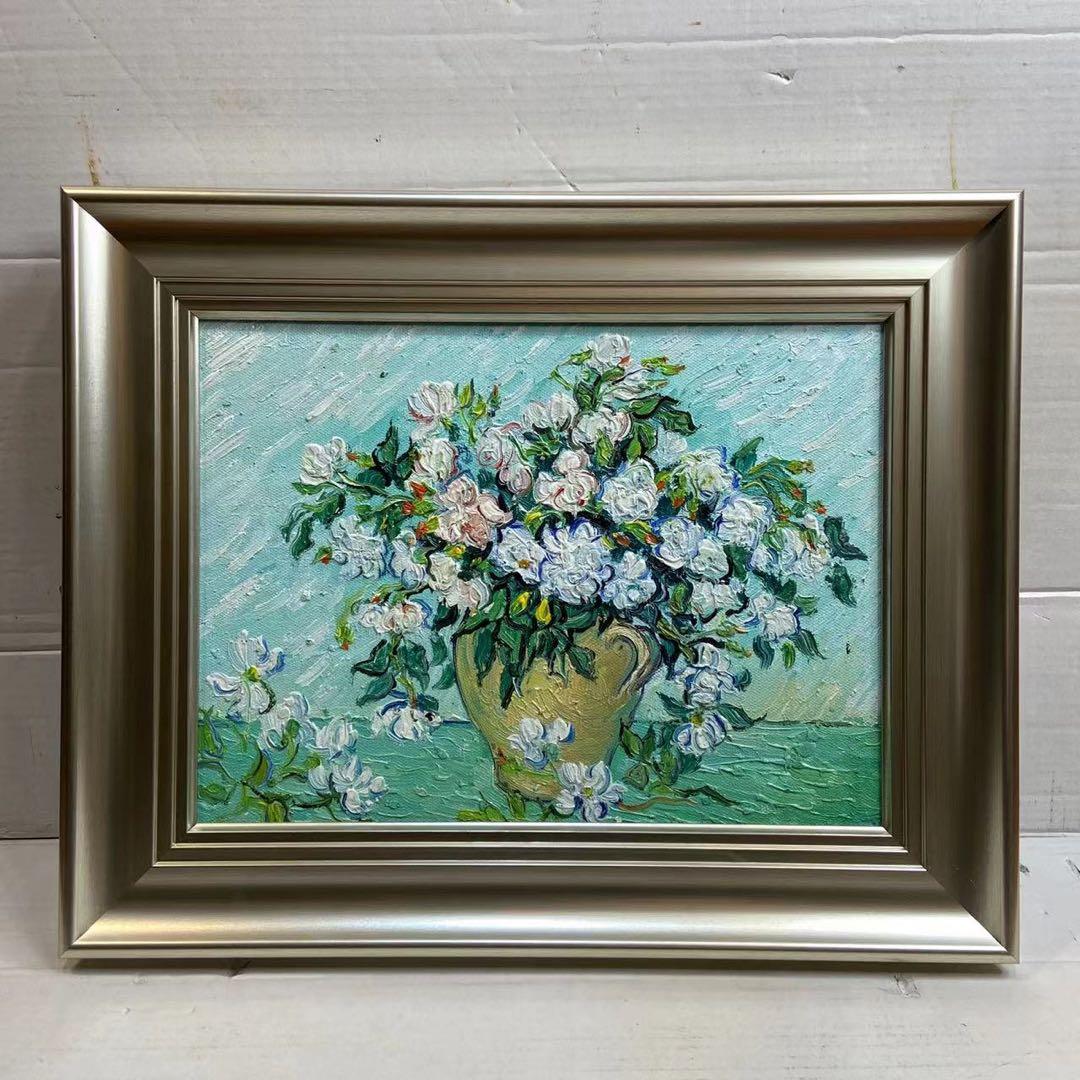 ゴッホ模写 油絵 額縁付き30×40cm 名画インテリア 絵画 花瓶の花油彩画