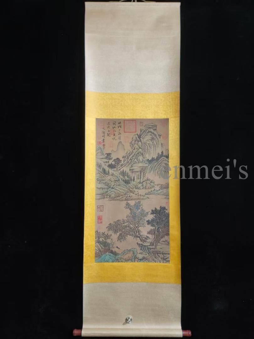 中国古美術・純手描き山水図掛軸・水墨画・文徴明印款・書道品・絹本・肉筆・一物一图