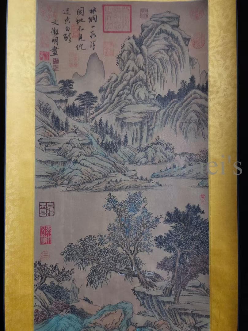 中国古美術・純手描き山水図掛軸・水墨画・文徴明印款・書道品・絹本・肉筆・一物一图