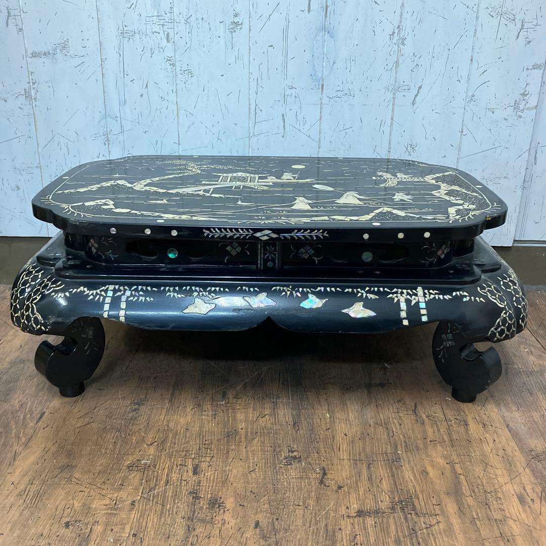 B-3 中国骨董 花台 ミニテーブル 飾り台 黒漆 風景画 絵柄 螺鈿細工 盆栽