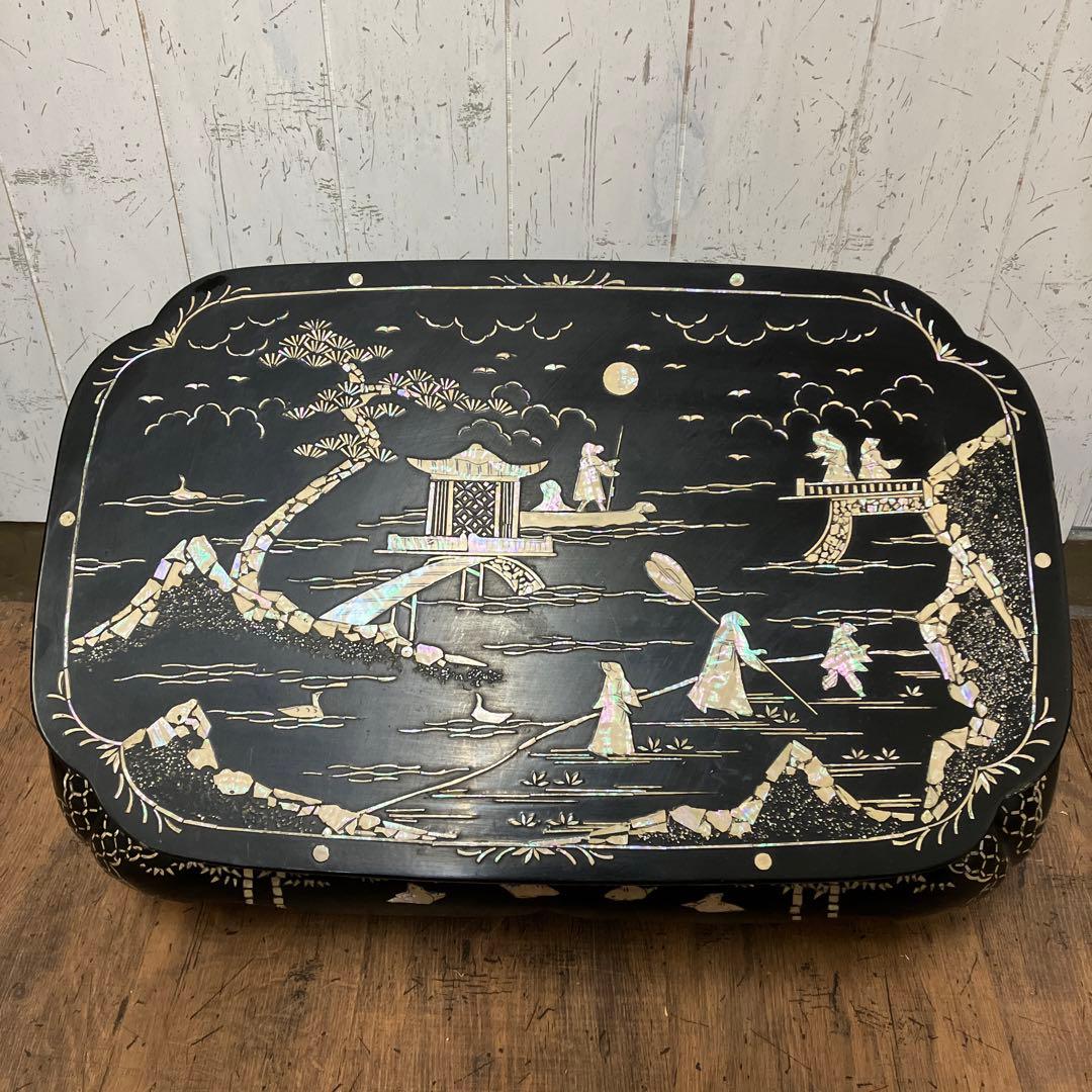 B-3 中国骨董 花台 ミニテーブル 飾り台 黒漆 風景画 絵柄 螺鈿細工 盆栽