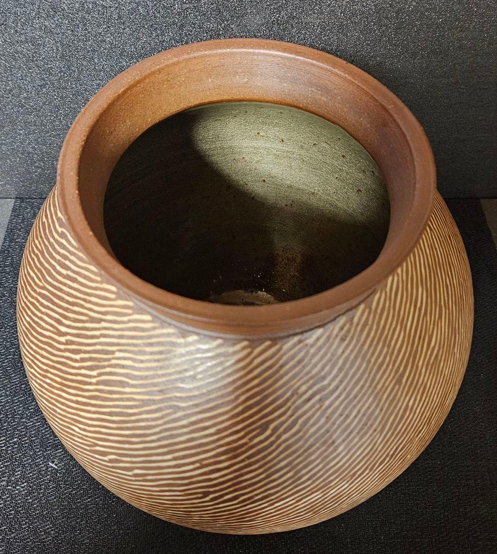 園田幸泰　作　焼〆象嵌　線文様　大壺　花入れ　花生　華道具　花器　オブジェ　共箱
