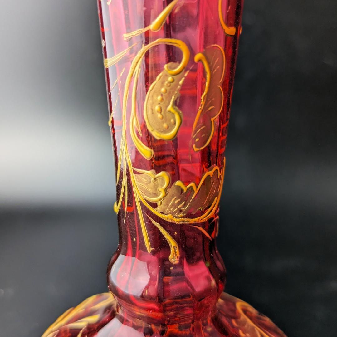 【輝く】オールドモーゼル ルビー 金彩銀彩 唐草紋様 花瓶25cm アンティーク