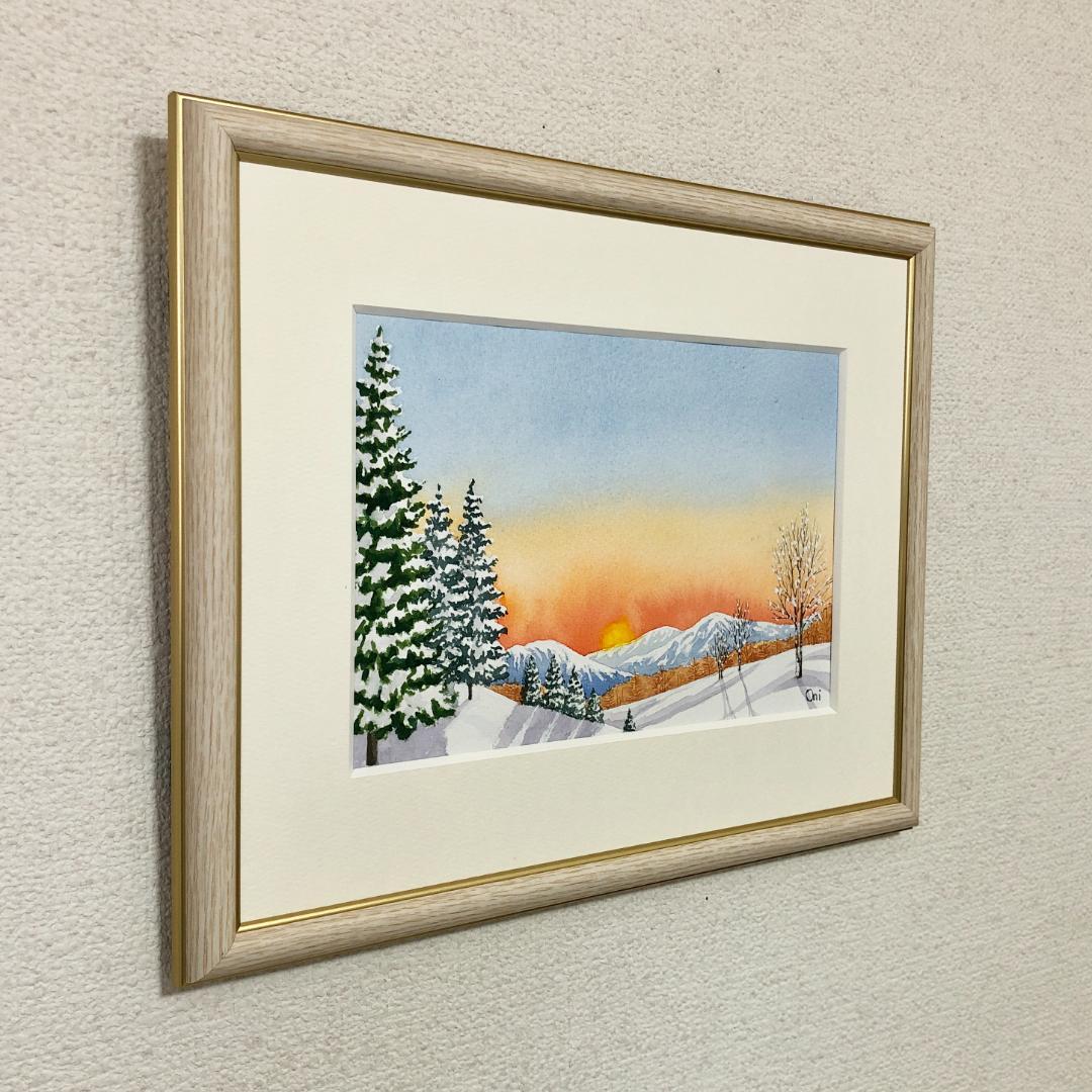 透明水彩画　原画　「冬の朝」額縁付　SMサイズ　風景画