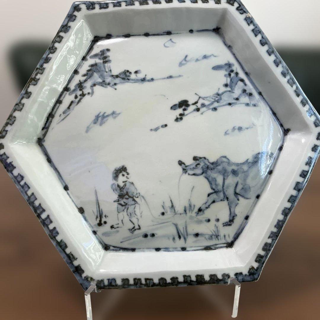坪島土平　染付童牛絵六角鉢　廣永窯　美品　35cm
