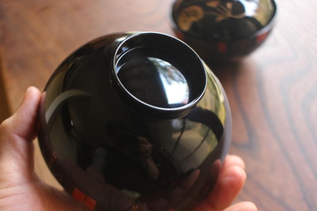 時代逸品！上質黒漆に極上水葵御所車蒔絵の映えるお椀2点（検輪島塗京塗蒔絵椀