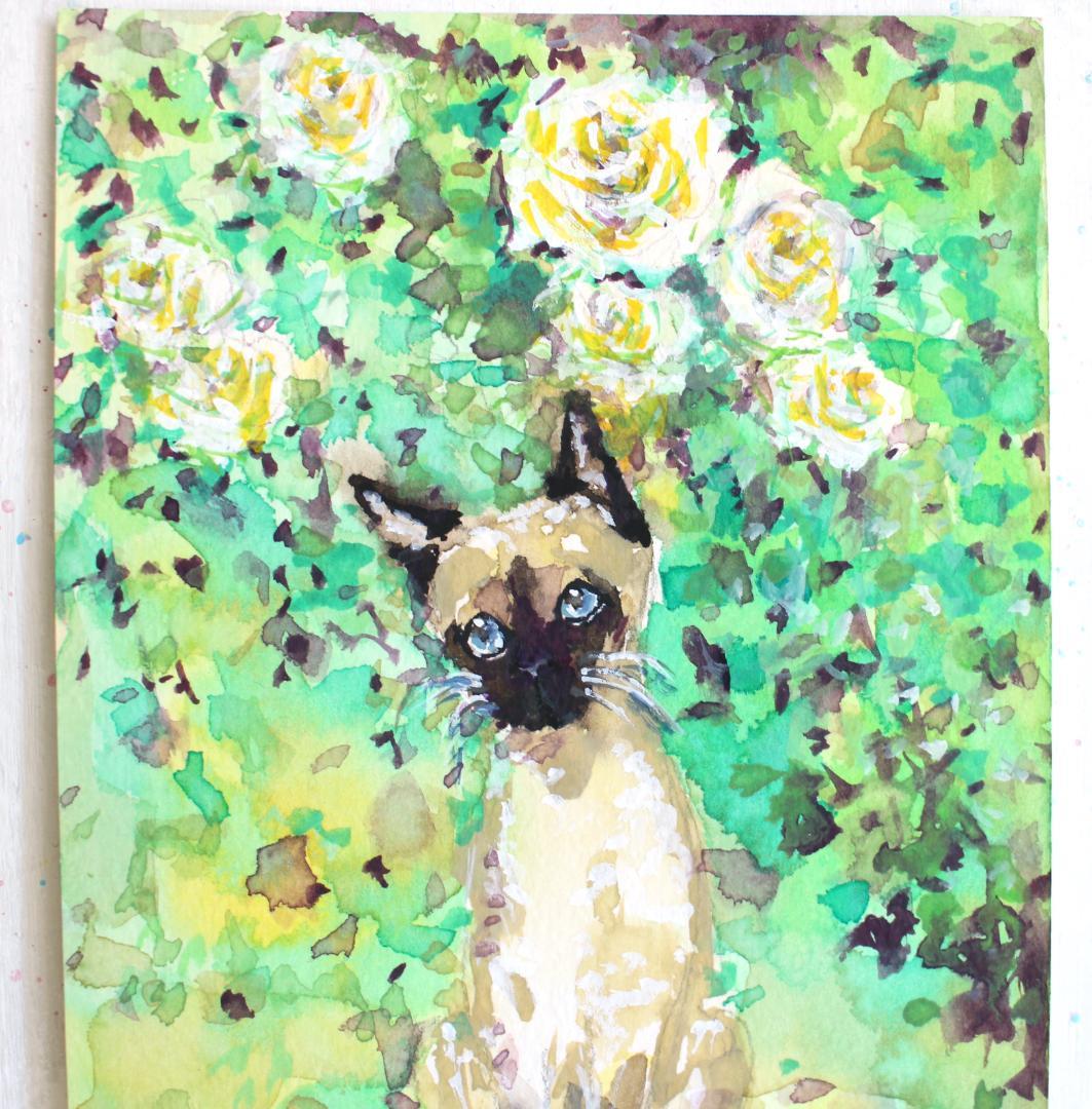 シャム猫の絵 水彩画 原画 額付き「白い薔薇とシャム猫」