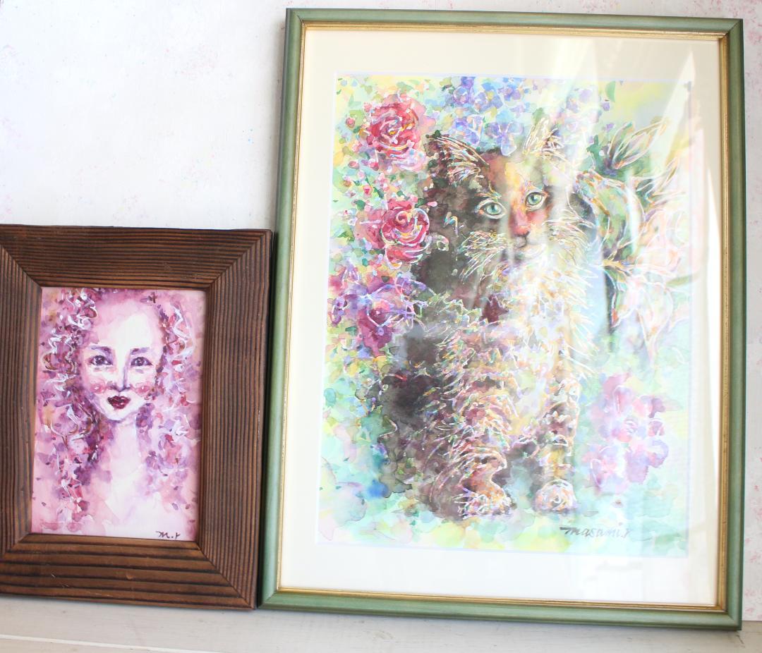 シャム猫の絵 水彩画 原画 額付き「白い薔薇とシャム猫」