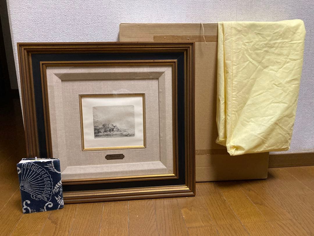 銅版画・エッチング【レンブラント】 「牛のいる風景」黄袋付き・豪華額装