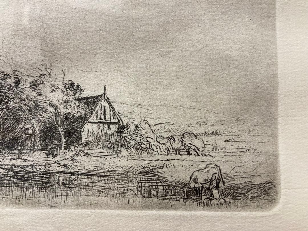 銅版画・エッチング【レンブラント】 「牛のいる風景」黄袋付き・豪華額装