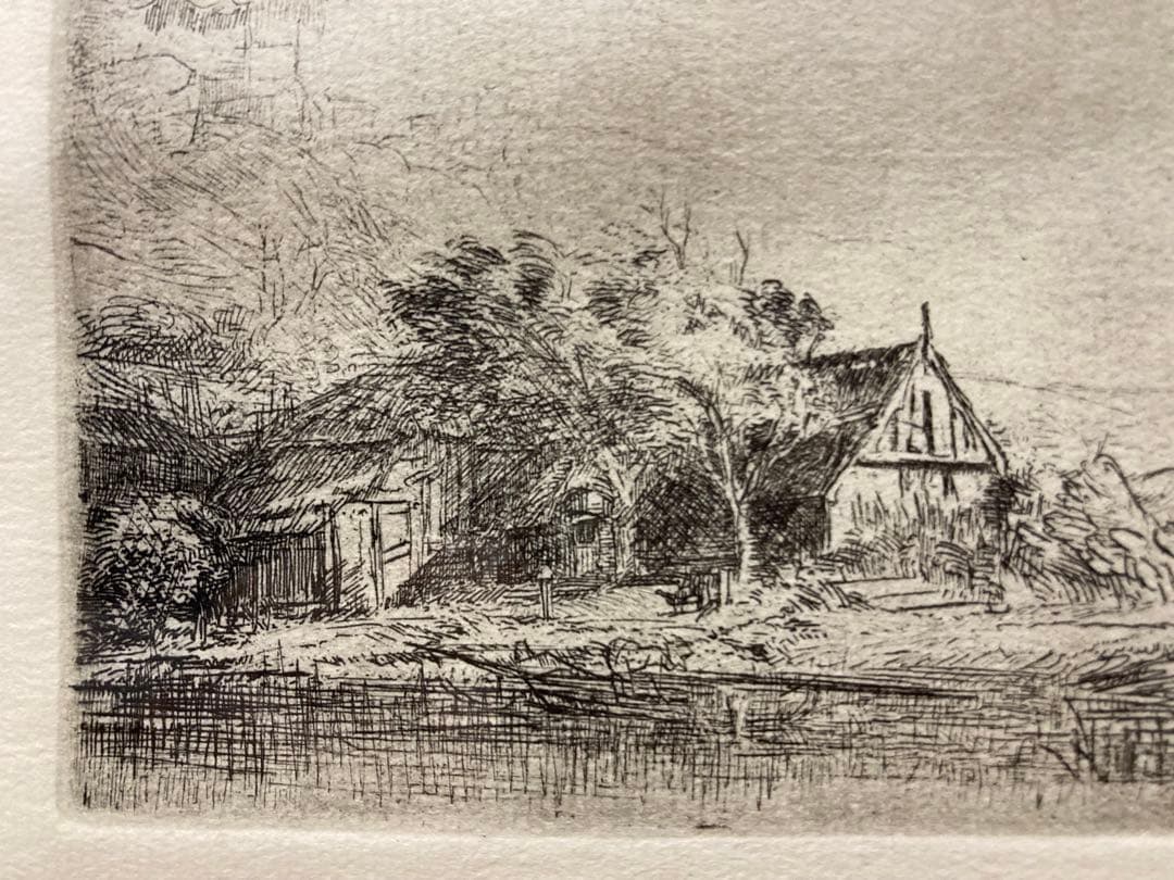 銅版画・エッチング【レンブラント】 「牛のいる風景」黄袋付き・豪華額装