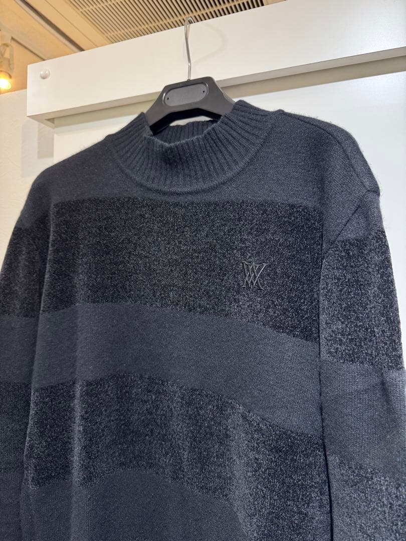 美USED ANEW GOLF メンズ モックネックボーダー刺繍ロゴニット