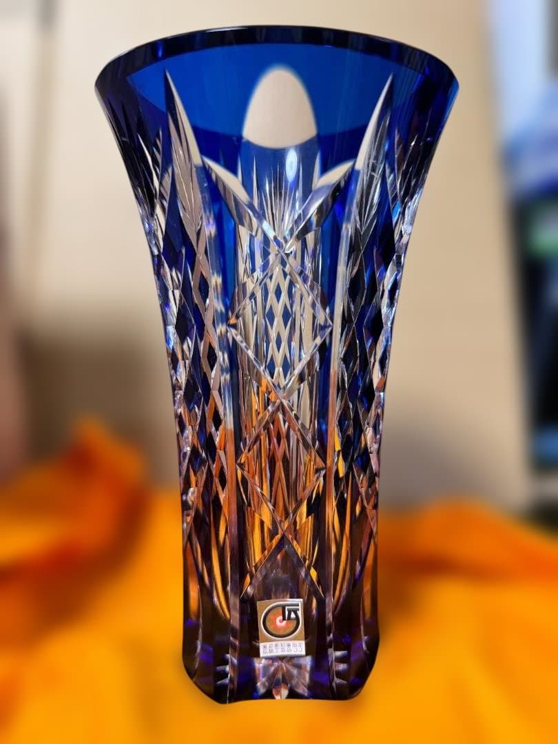 江戸切子　花瓶　青色カットガラス花器 木箱付き　新品未使用品