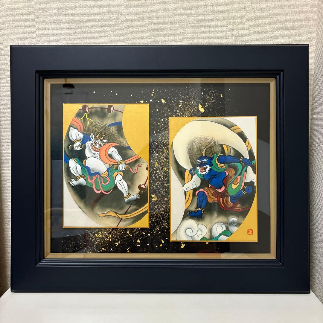 日本画 風神雷神図　浮世絵　色紙　金箔使用