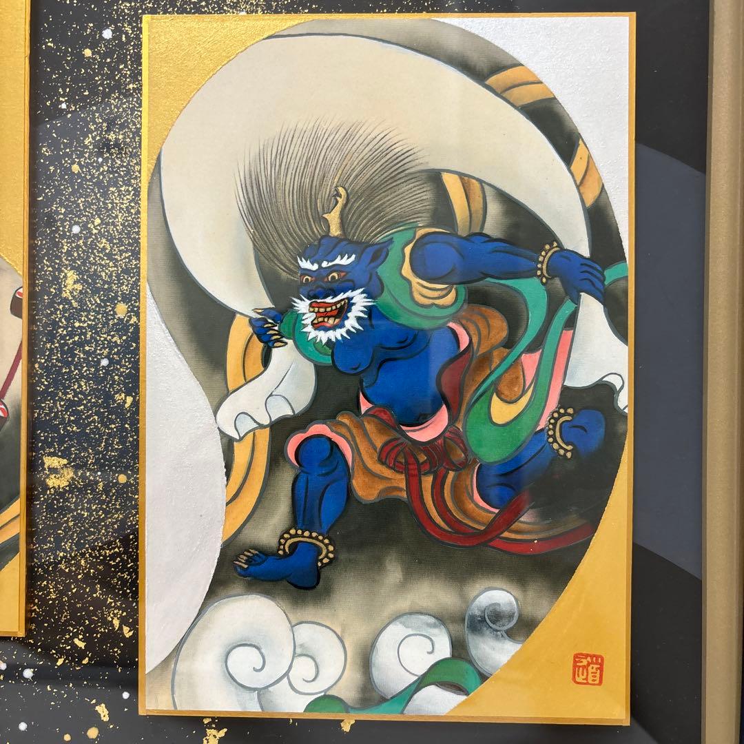 日本画 風神雷神図　浮世絵　色紙　金箔使用