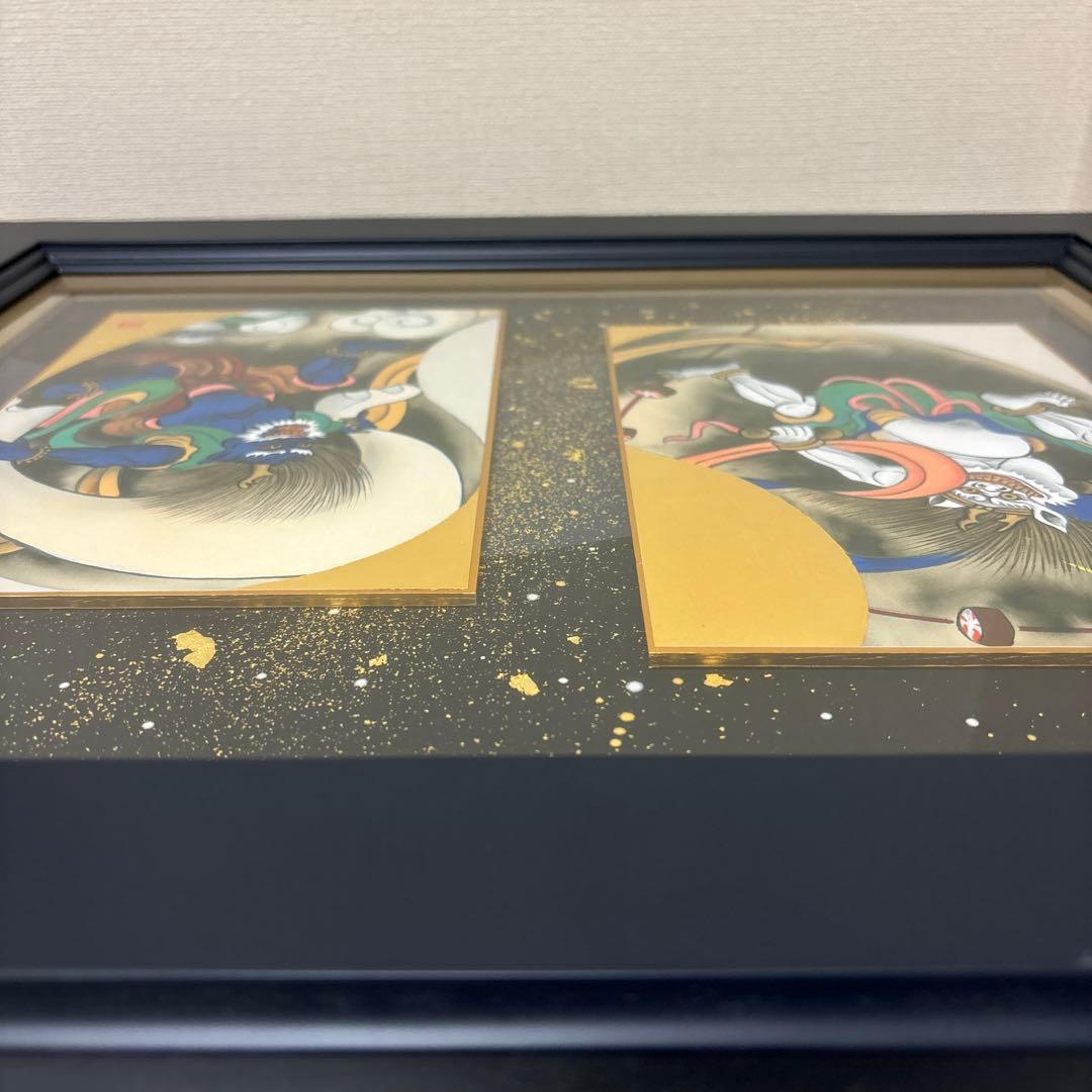 日本画 風神雷神図　浮世絵　色紙　金箔使用