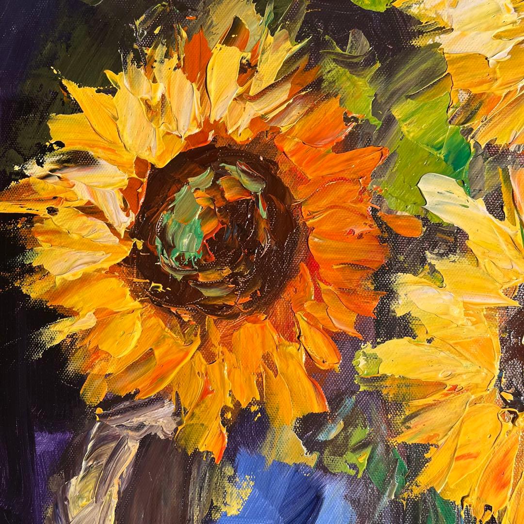 ★秀作★ 手書き油絵 花瓶のひまわり 額付き インテリア 油彩画